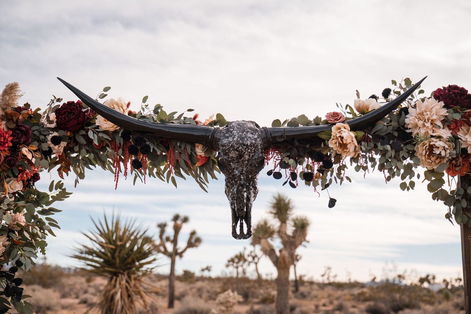 A ceremony arch of roses and a longhorn skull against Joshua trees in the high desert